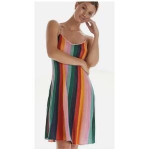 Farm Rio $220 Crochet Mini Dress Summer Rainbow Stripe Medium Viscose Acrylic